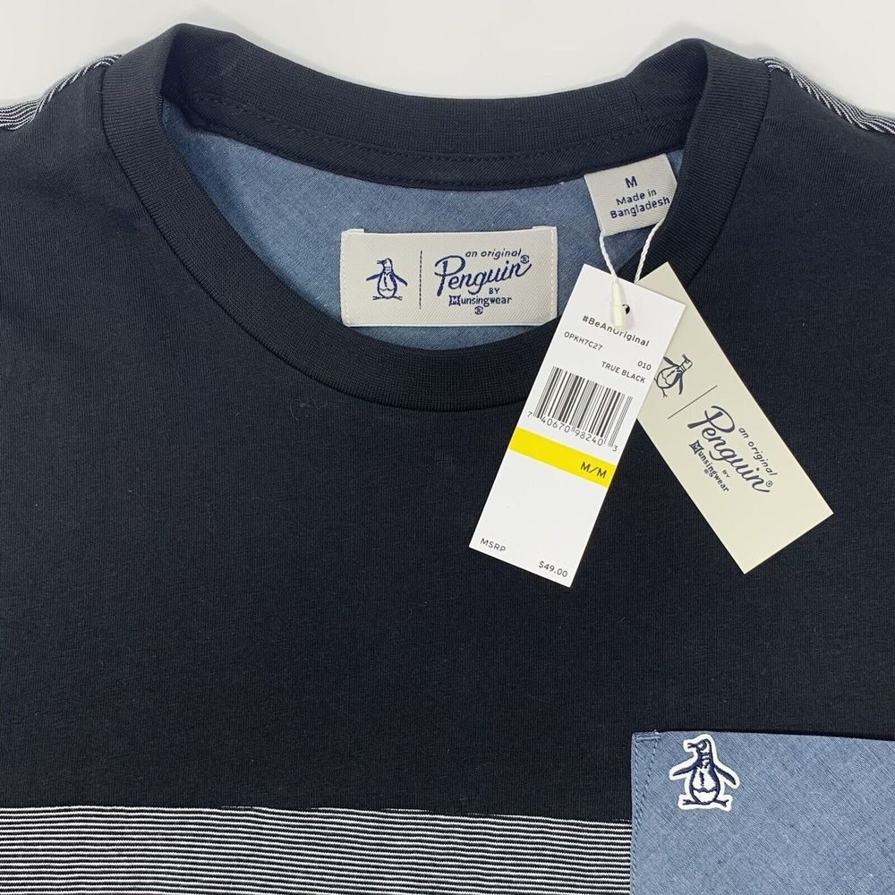 Original Penguin True Black Stripe Mens Short Sleeve T-Shirt w/ Pocket Size Med - Picture 6 of 9